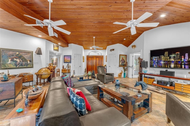 22800 SW 157th Ave, Miami, FL 33170 - tiled living area with wood ceiling, a ceiling fan, lofted ceiling, and recessed lighting