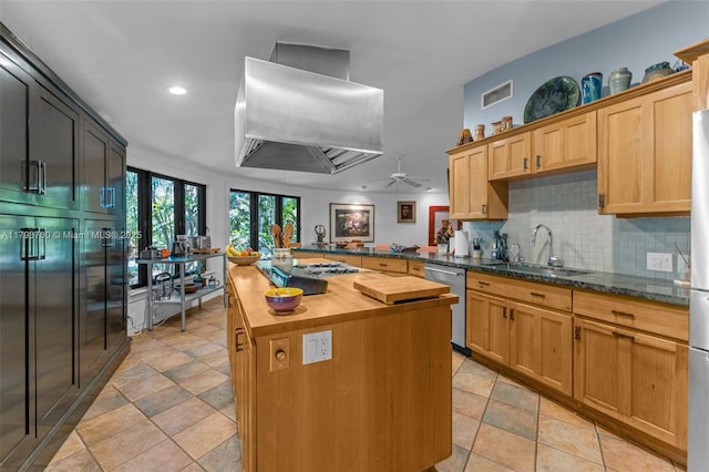 22800 SW 157th Ave, Miami, FL 33170 - kitchen with appliances with stainless steel finishes, island exhaust hood, butcher block counters, a sink, and backsplash