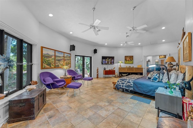 22800 SW 157th Ave, Miami, FL 33170 - bedroom with recessed lighting, multiple windows, access to exterior, light stone finish floors, and a high ceiling
