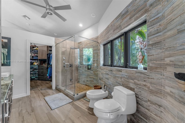 22800 SW 157th Ave, Miami, FL 33170 - bathroom featuring a bidet, a shower stall, toilet, vanity, and ceiling fan