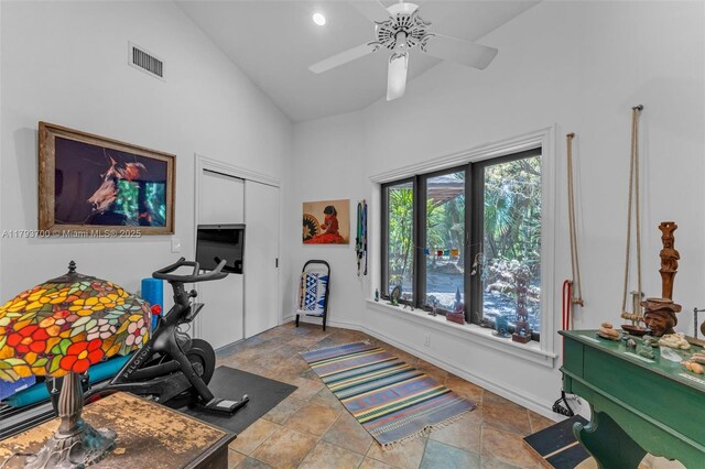 22800 SW 157th Ave, Miami, FL 33170 - game room featuring high vaulted ceiling, ceiling fan, stone finish flooring, and baseboards