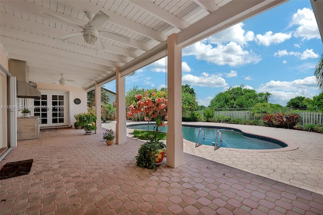 9620 E Calusa Club Dr, Miami, FL 33186 - view of pool featuring a ceiling fan, french doors, a fenced backyard, and a patio area