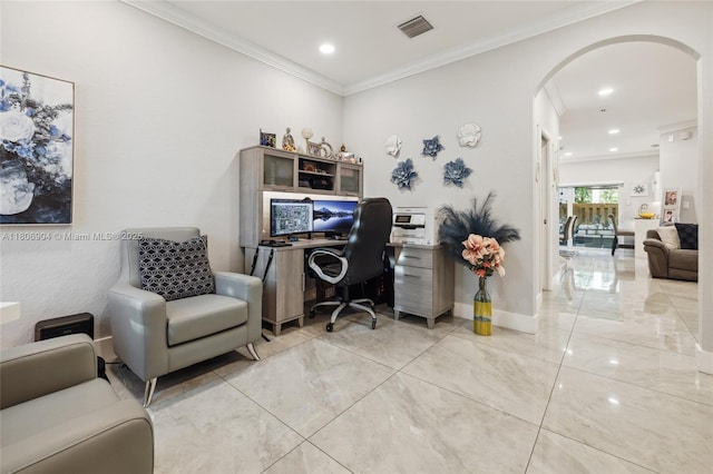 22607 SW 89th Pl, Cutler Bay, FL 33190 - home office featuring arched walkways, crown molding, baseboards, and recessed lighting