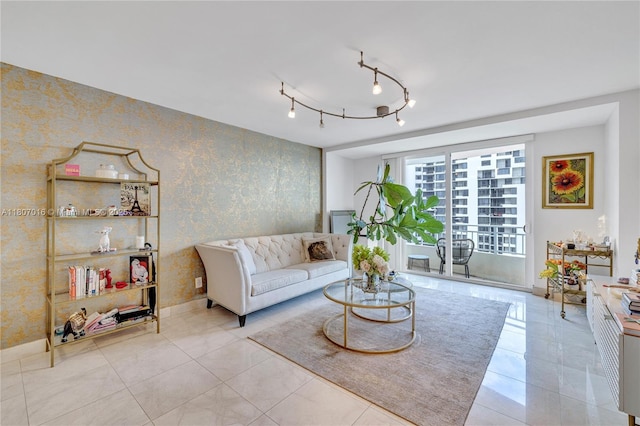 770 Claughton Island Dr Unit 1409, Miami, FL 33131 - tiled living area with wallpapered walls and baseboards