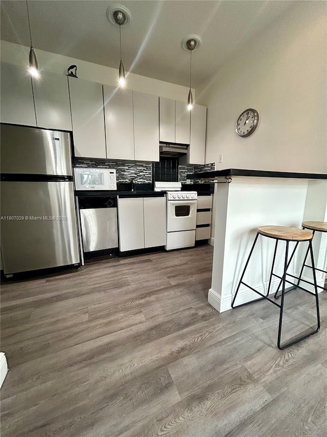 1244 Pennsylvania Ave Unit 305, Miami Beach, FL 33139 - kitchen featuring stainless steel appliances, dark countertops, under cabinet range hood, wood finished floors, and tasteful backsplash