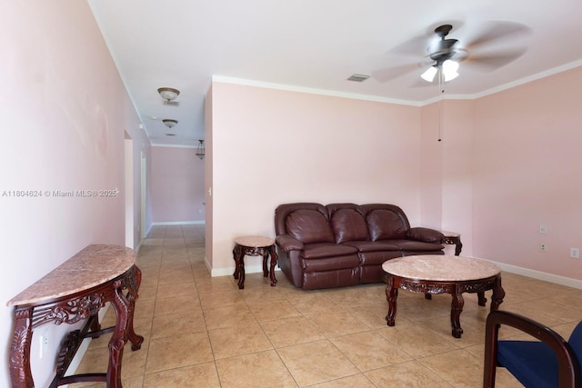 2757 NW 29th St, Miami, FL 33142 - living room featuring ceiling fan, light tile patterned floors, crown molding, and baseboards