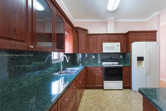 2757 NW 29th St, Miami, FL 33142 - kitchen with white appliances, a sink, dark countertops, backsplash, and glass insert cabinets