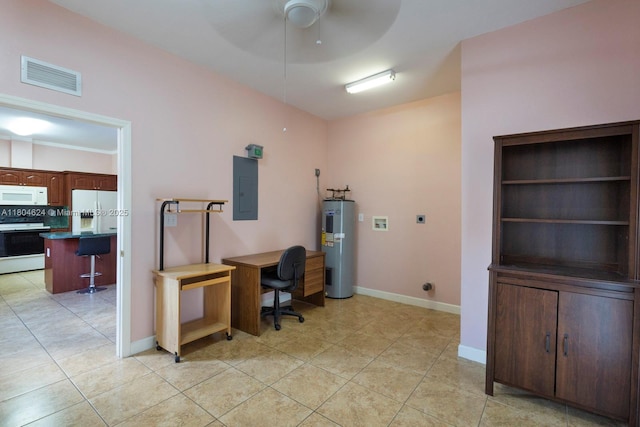 2757 NW 29th St, Miami, FL 33142 - home office with electric panel, ceiling fan, water heater, and light tile patterned floors