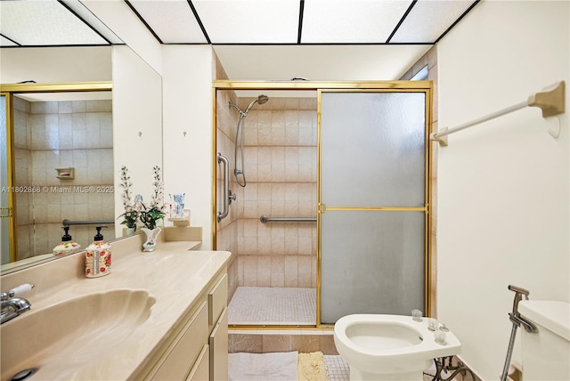 43 NW 109th Ct, Miami, FL 33172 - bathroom featuring a shower stall, vanity, a bidet, toilet, and wood finished floors