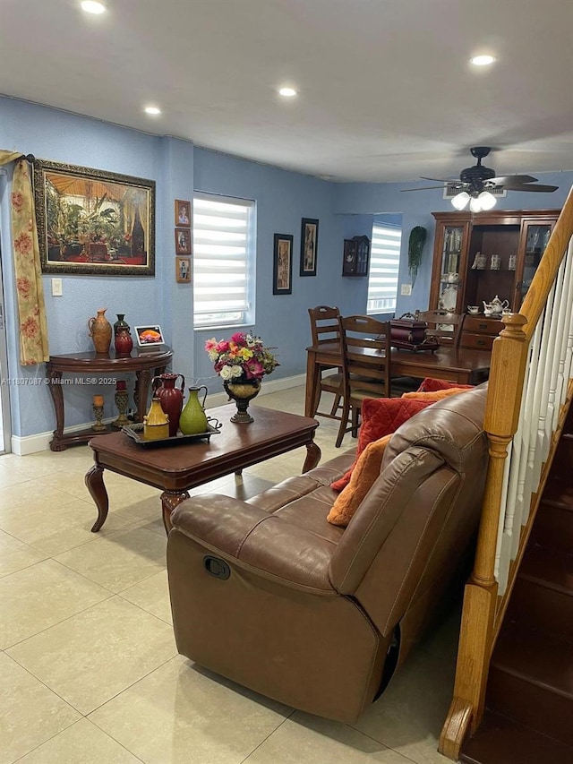 1560 W 46th St Unit 229, Hialeah, FL 33012 - living area with baseboards, recessed lighting, a ceiling fan, stairway, and light tile patterned floors