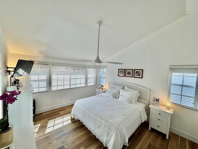 594 Spinnaker, Weston, FL 33326 - bedroom with baseboards, wood finished floors, vaulted ceiling, and ceiling fan