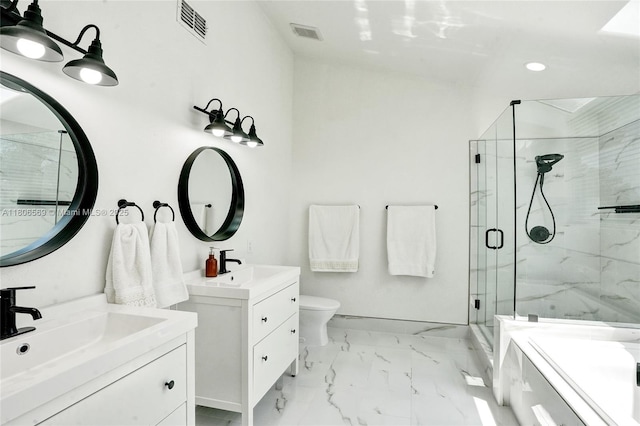 594 Spinnaker, Weston, FL 33326 - bathroom with marble finish flooring, a shower stall, two vanities, recessed lighting, and toilet