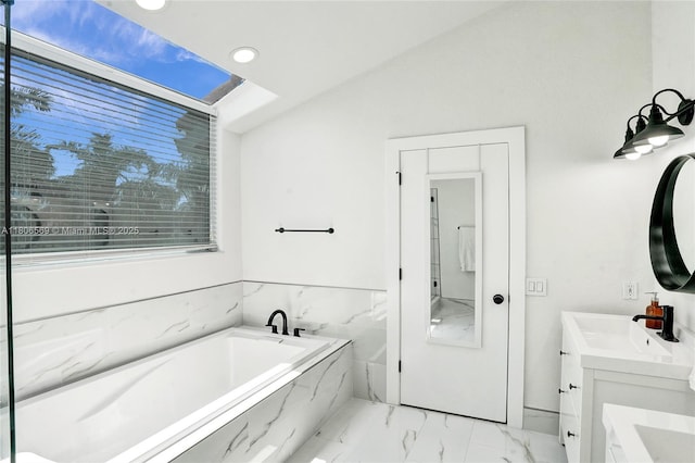 594 Spinnaker, Weston, FL 33326 - bathroom featuring marble finish flooring, a garden tub, double vanity, and recessed lighting
