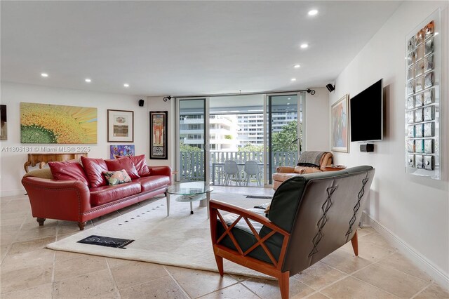 200 Ocean Lane Dr Unit 305, Key Biscayne, FL 33149 - living area featuring recessed lighting, expansive windows, baseboards, and tile patterned floors