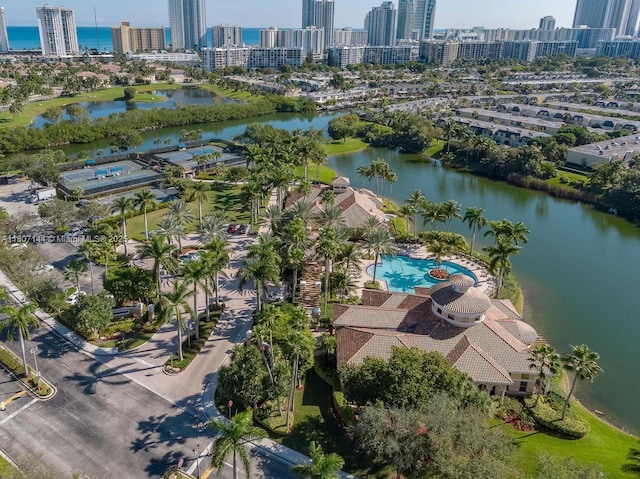 826 E Spinnaker Dr E, Hollywood, FL 33019 - aerial overview of property's location featuring a large body of water, skyline, and a pool