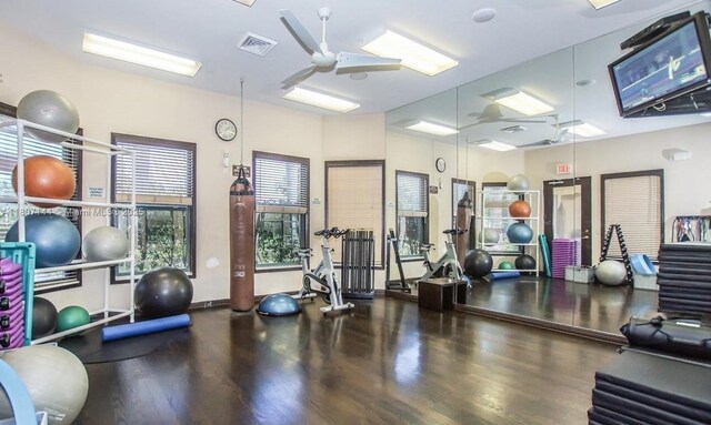 826 E Spinnaker Dr E, Hollywood, FL 33019 - exercise room featuring a ceiling fan and wood finished floors