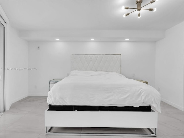 9821 E Bay Harbor Dr Unit 302, Bay Harbor Islands, FL 33154 - bedroom featuring light marble finish flooring, baseboards, a chandelier, and recessed lighting