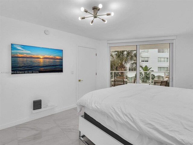 9821 E Bay Harbor Dr Unit 302, Bay Harbor Islands, FL 33154 - bedroom with a chandelier, baseboards, light marble finish flooring, and access to exterior