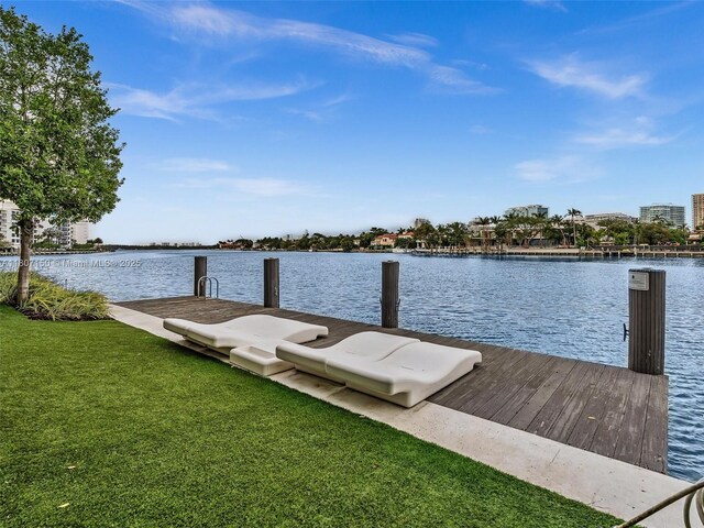 9821 E Bay Harbor Dr Unit 302, Bay Harbor Islands, FL 33154 - dock with a water view and a lawn