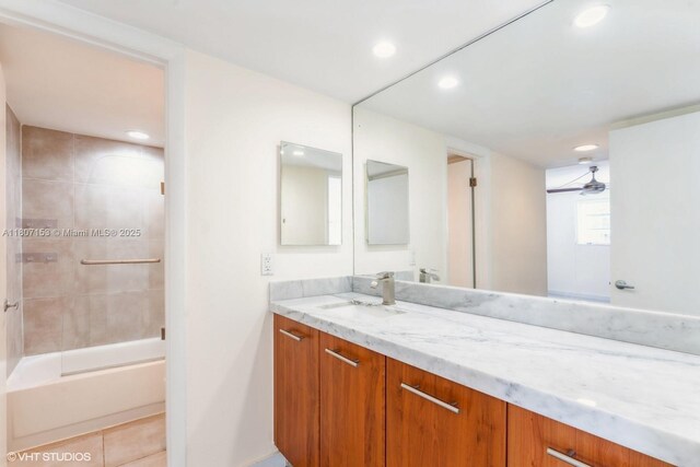 750 NE 64th St Unit B308, Miami, FL 33138 - bathroom featuring vanity, tile patterned floors, recessed lighting, shower / washtub combination, and a ceiling fan