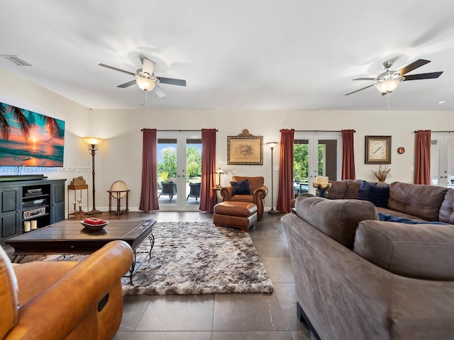 15150 SW 240th St, Homestead, FL 33032 - tiled living area featuring french doors, ceiling fan, and plenty of natural light