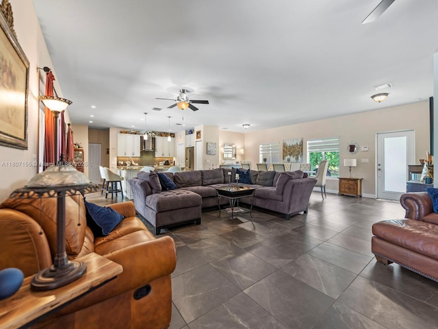 15150 SW 240th St, Homestead, FL 33032 - living area featuring ceiling fan, recessed lighting, and dark tile patterned floors
