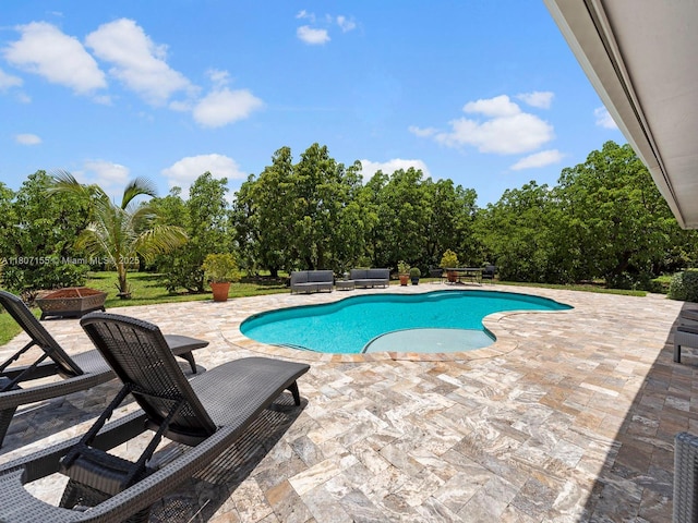 15150 SW 240th St, Homestead, FL 33032 - outdoor pool with a patio area, an outdoor living space with a fire pit, and view of scattered trees