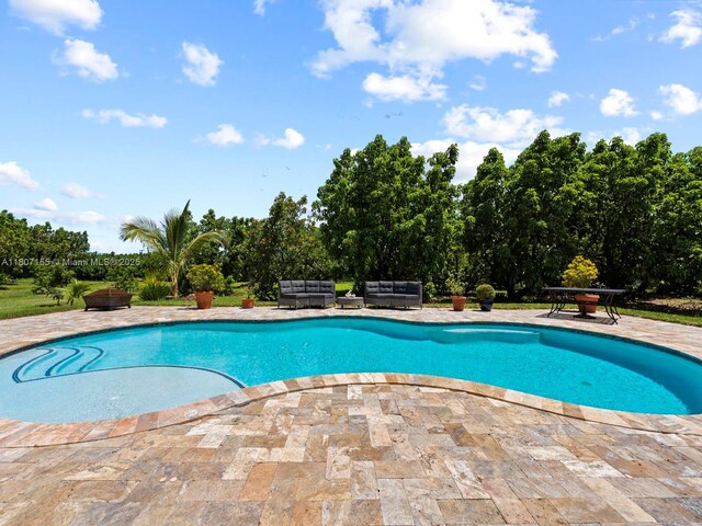 15150 SW 240th St, Homestead, FL 33032 - outdoor pool featuring a patio area, an outdoor living space, and view of wooded area