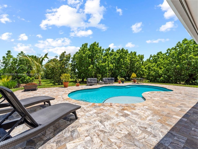 15150 SW 240th St, Homestead, FL 33032 - outdoor pool with a patio area, an outdoor living space, and view of wooded area