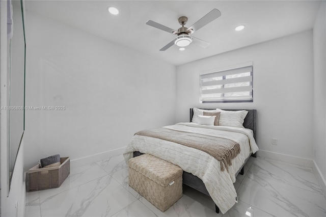 9240 SW 57th Ter, Miami, FL 33173 - bedroom with marble look tile flooring, baseboards, recessed lighting, and ceiling fan