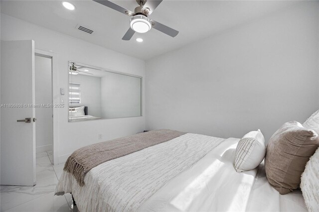 9240 SW 57th Ter, Miami, FL 33173 - bedroom with recessed lighting, light marble finish flooring, a ceiling fan, and baseboards