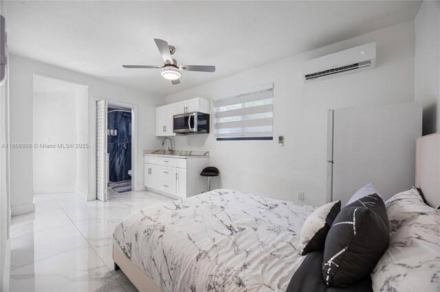 9240 SW 57th Ter, Miami, FL 33173 - bedroom with a wall mounted AC, light marble finish floors, a spacious closet, and ceiling fan