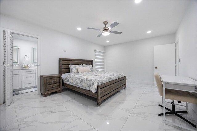 9240 SW 57th Ter, Miami, FL 33173 - bedroom featuring light marble finish flooring, recessed lighting, ensuite bath, a desk, and ceiling fan