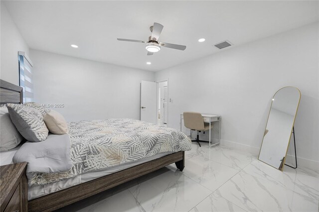 9240 SW 57th Ter, Miami, FL 33173 - bedroom featuring recessed lighting, a ceiling fan, marble finish floors, and baseboards
