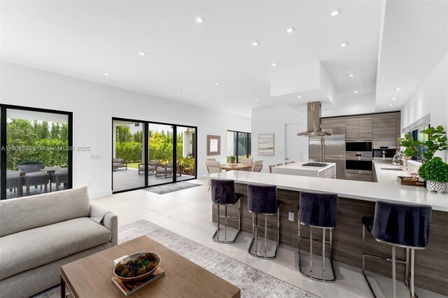 16703 S Botaniko Dr S, Weston, FL 33326 - kitchen featuring modern cabinets, open floor plan, island exhaust hood, appliances with stainless steel finishes, and light countertops