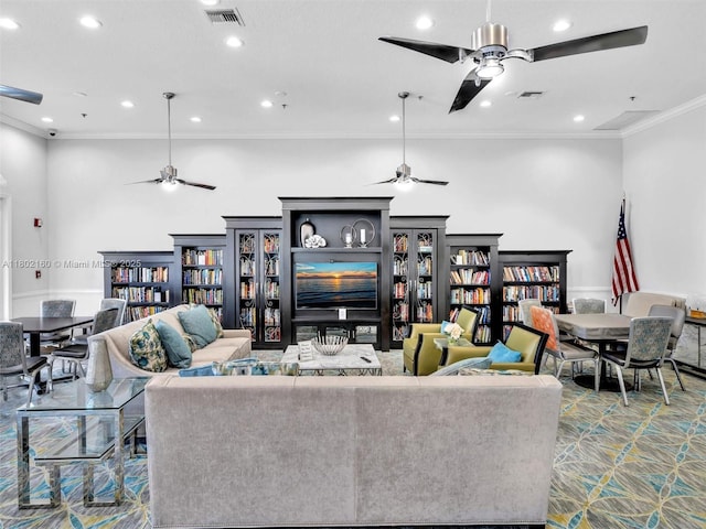 13785 Flora Pl Unit A, Delray Beach, FL 33484 - living room with ceiling fan, recessed lighting, crown molding, and carpet