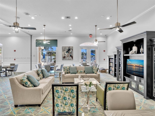 13785 Flora Pl Unit A, Delray Beach, FL 33484 - living area with ceiling fan, recessed lighting, ornamental molding, and french doors