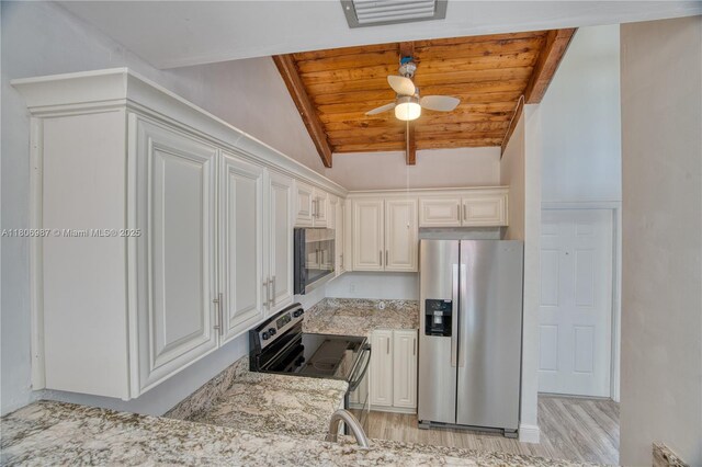 8015 SW 21st Ct, Davie, FL 33324 - kitchen with stainless steel appliances, wooden ceiling, a ceiling fan, light stone countertops, and vaulted ceiling