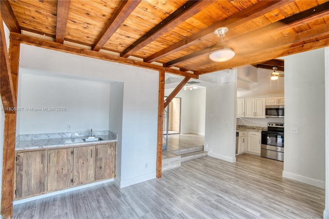 8015 SW 21st Ct, Davie, FL 33324 - kitchen with appliances with stainless steel finishes, wooden ceiling with exposed beams, light wood-style flooring, a sink, and baseboards