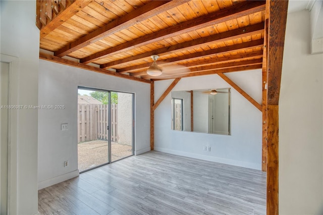 8015 SW 21st Ct, Davie, FL 33324 - unfurnished room with wood finished floors, baseboards, wood ceiling with exposed beams, and a ceiling fan