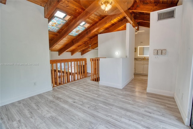 8015 SW 21st Ct, Davie, FL 33324 - empty room featuring wood ceiling, a skylight, light wood finished floors, baseboards, and healthy amount of natural light