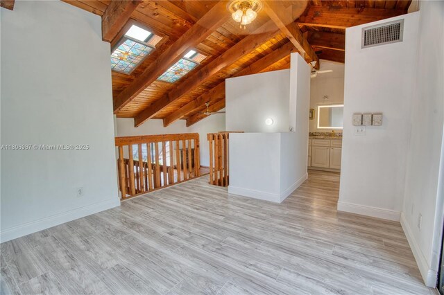 8015 SW 21st Ct, Davie, FL 33324 - spare room featuring wooden ceiling, a skylight, light wood-style floors, a ceiling fan, and plenty of natural light