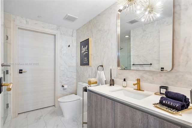 801 S Miami Ave Unit 3510, Miami, FL 33130 - bathroom with marble look tiles, a chandelier, toilet, and vanity