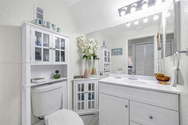 8252 NW 191st Ln Unit 15R, Hialeah, FL 33015 - bathroom featuring vaulted ceiling, toilet, vanity, a textured wall, and wood finished floors