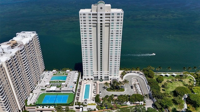 800 Claughton Island Dr Unit 1504, Miami, FL 33131 - aerial view of property and surrounding area with a pool and a nearby body of water