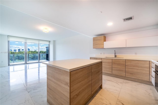 16385 Biscayne Blvd Unit 417, North Miami Beach, FL 33160 - kitchen featuring a sink, modern cabinets, light marble finish floors, a wall of windows, and light countertops