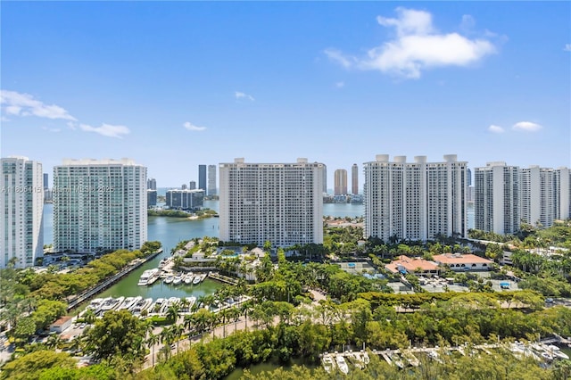 18181 NE 31st Ct Unit Ph07, Aventura, FL 33160 - drone / aerial view of a nearby body of water, numerous boat docks, and city skyline