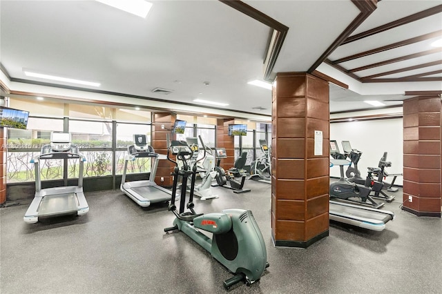 18181 NE 31st Ct Unit Ph07, Aventura, FL 33160 - exercise room with ornate columns and expansive windows