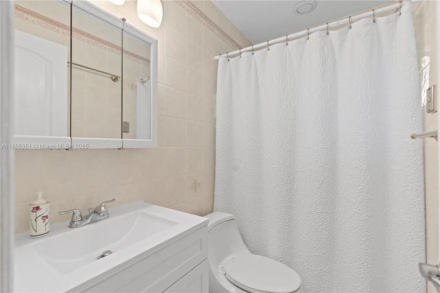 1090 Meadowlark Ave, Miami Springs, FL 33166 - bathroom with tile walls, vanity, a shower with curtain, and decorative backsplash