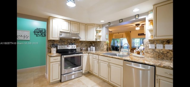15225 SW 235th St, Homestead, FL 33032 - kitchen featuring stainless steel appliances, under cabinet range hood, a sink, ceiling fan, and open shelves